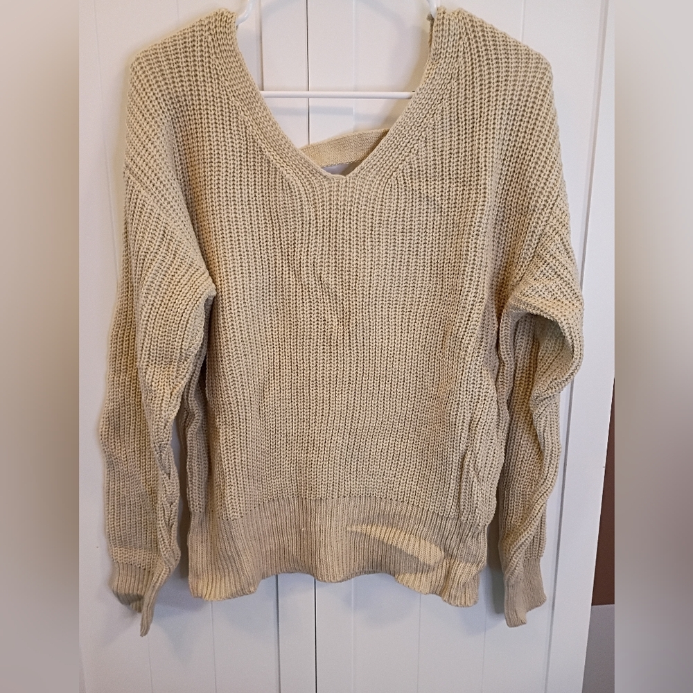 Cupshe Taupe-Cream V-Neck Chunky Knit Sweater